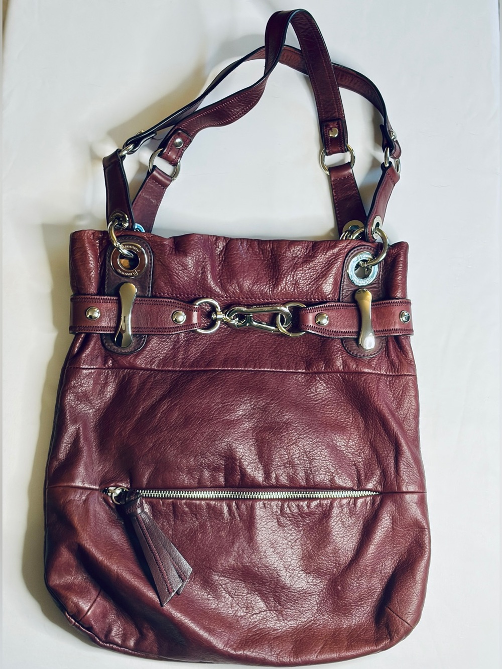 B. Makowsky VTG Plum Leather Slouchy Hobo Shoulder Bag Tote Silver Accent - EUC